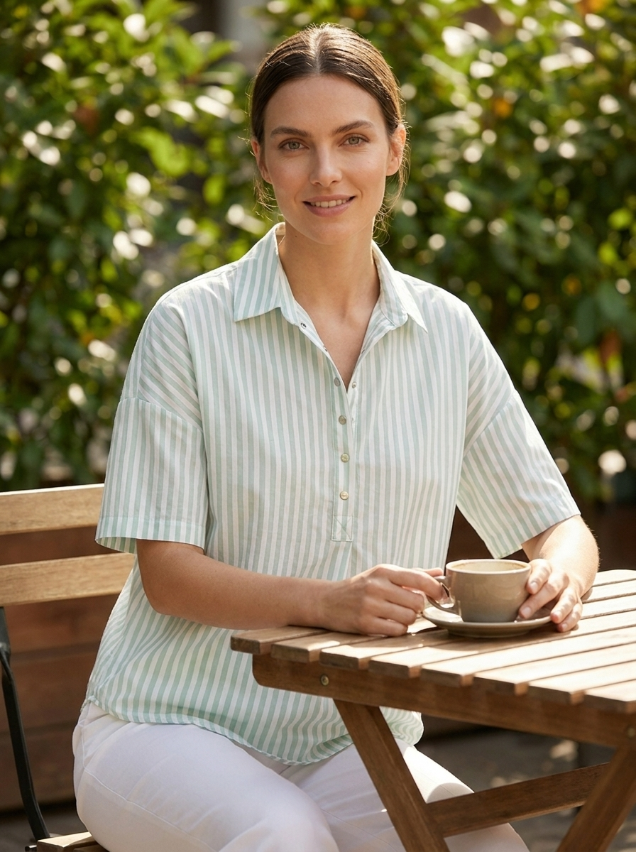 Woman wearing Georgette striped blouse at a sunlit cafe