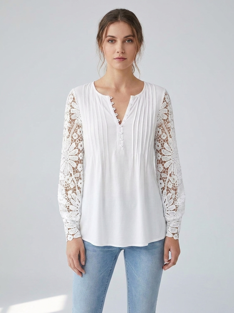 White henley blouse with sheer floral lace sleeves, front view