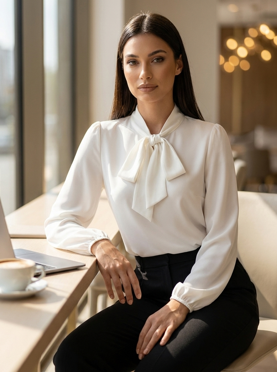 Woman in white bow-tie blouse at a sunlit office desk with coffee