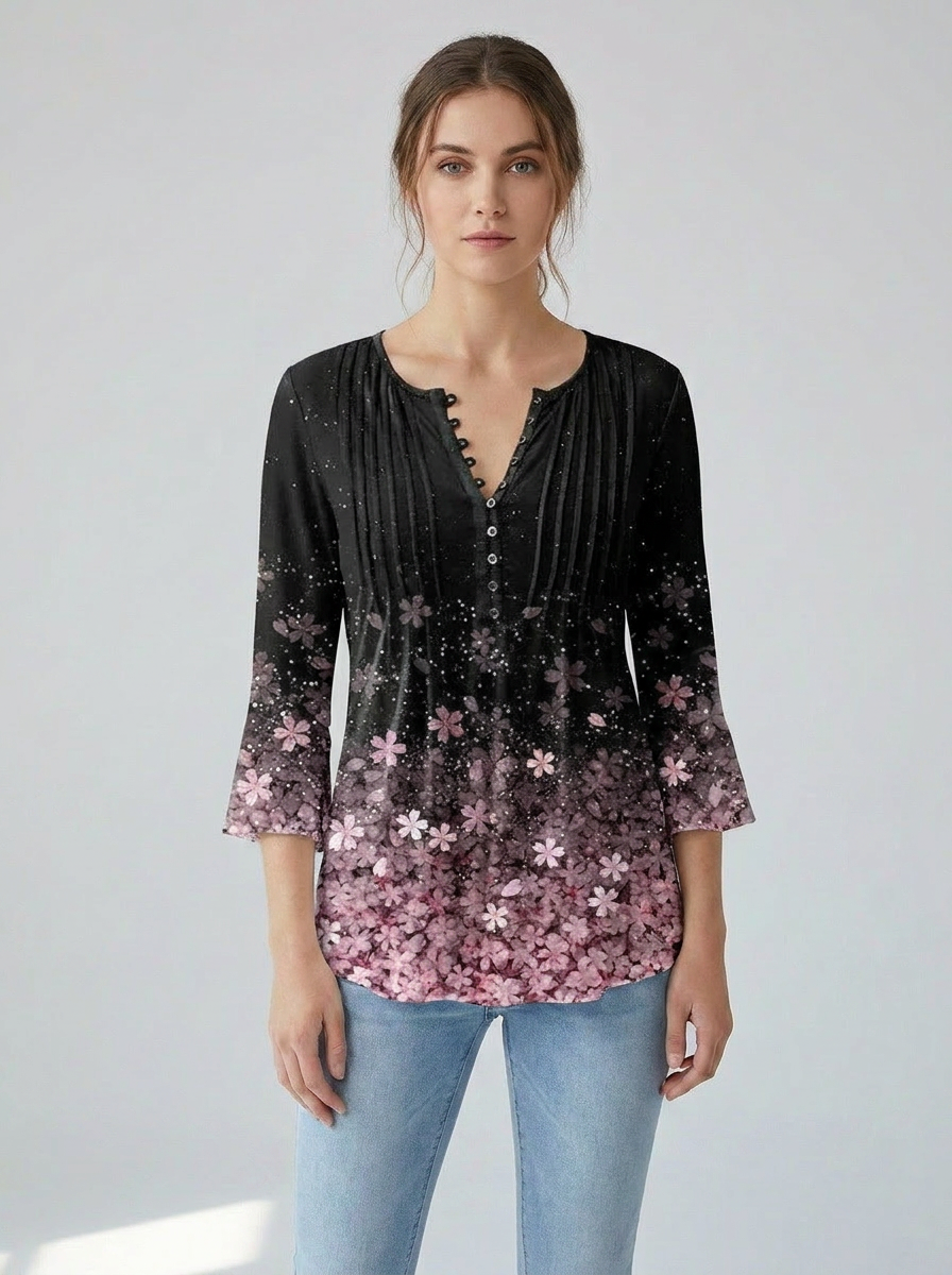 Black ombre blossom-print long-sleeve henley blouse, front view