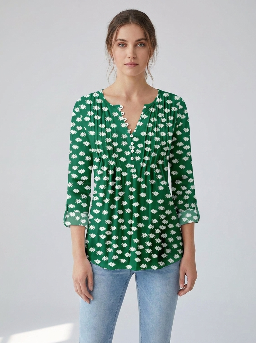 Green henley blouse with white daisy print, front view