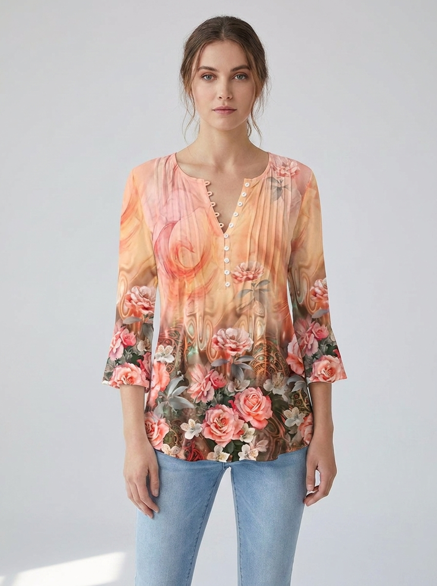Peach coral henley blouse with rose print, front view