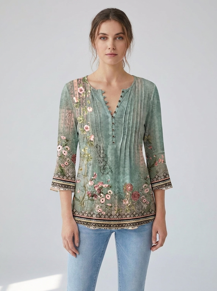 Sage-green vintage boho floral henley blouse, front view