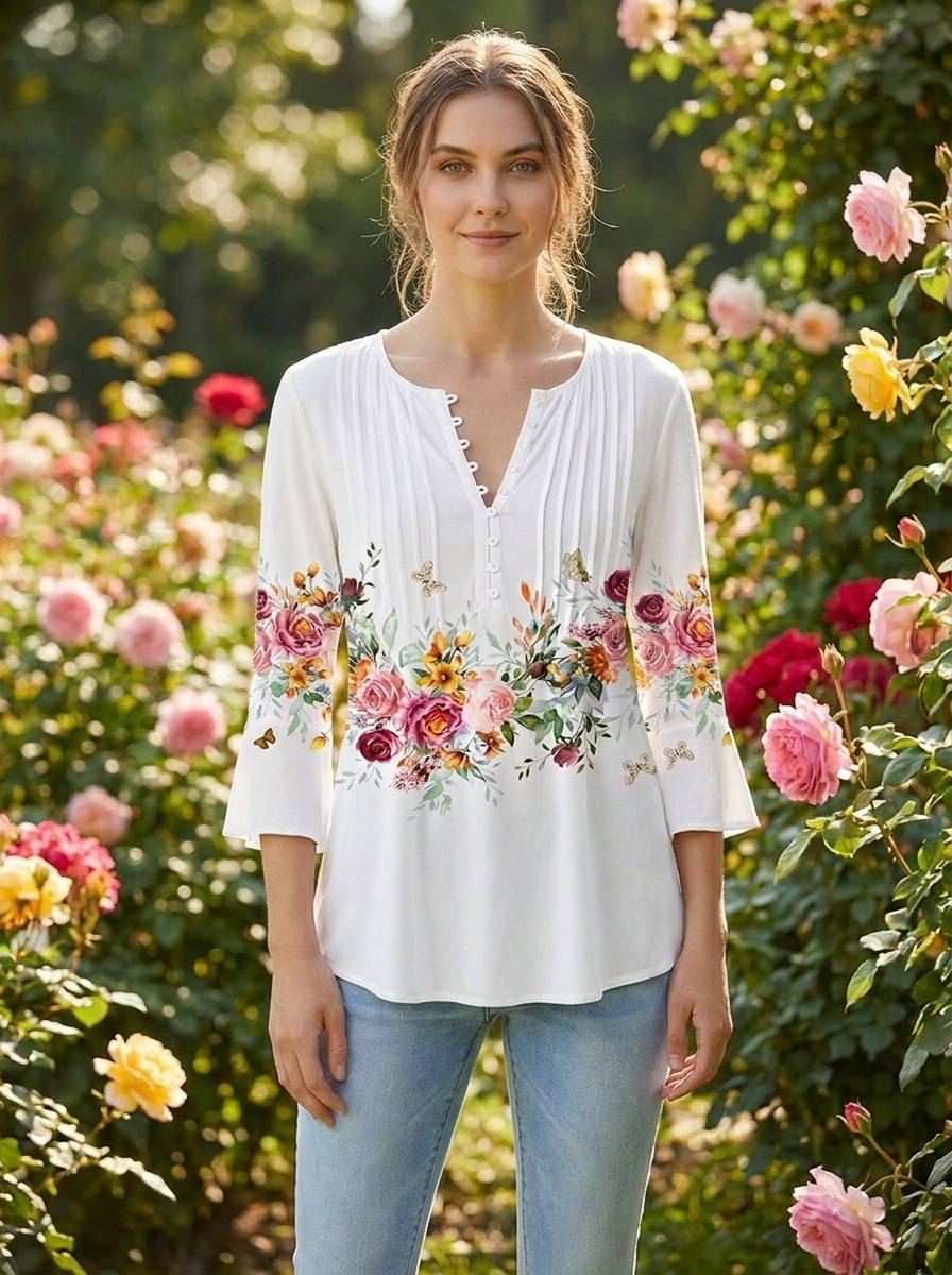 Floral henley blouse styled in a summer rose garden