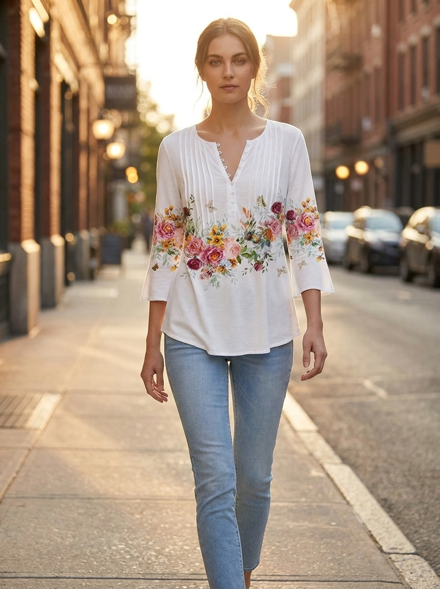 Floral henley blouse worn on a city street at golden hour