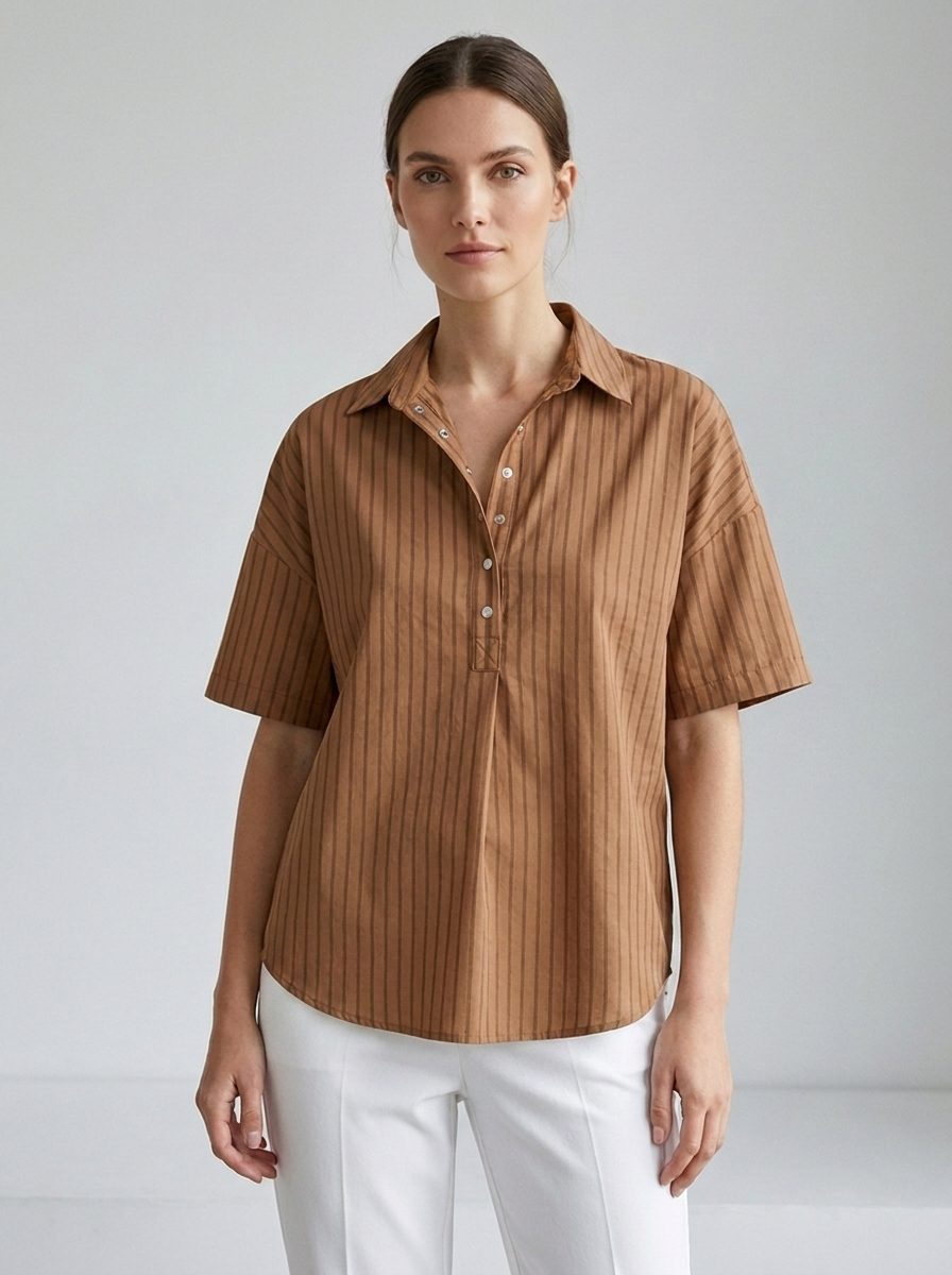 Georgette women's striped collared short-sleeve blouse in Brown, model front view