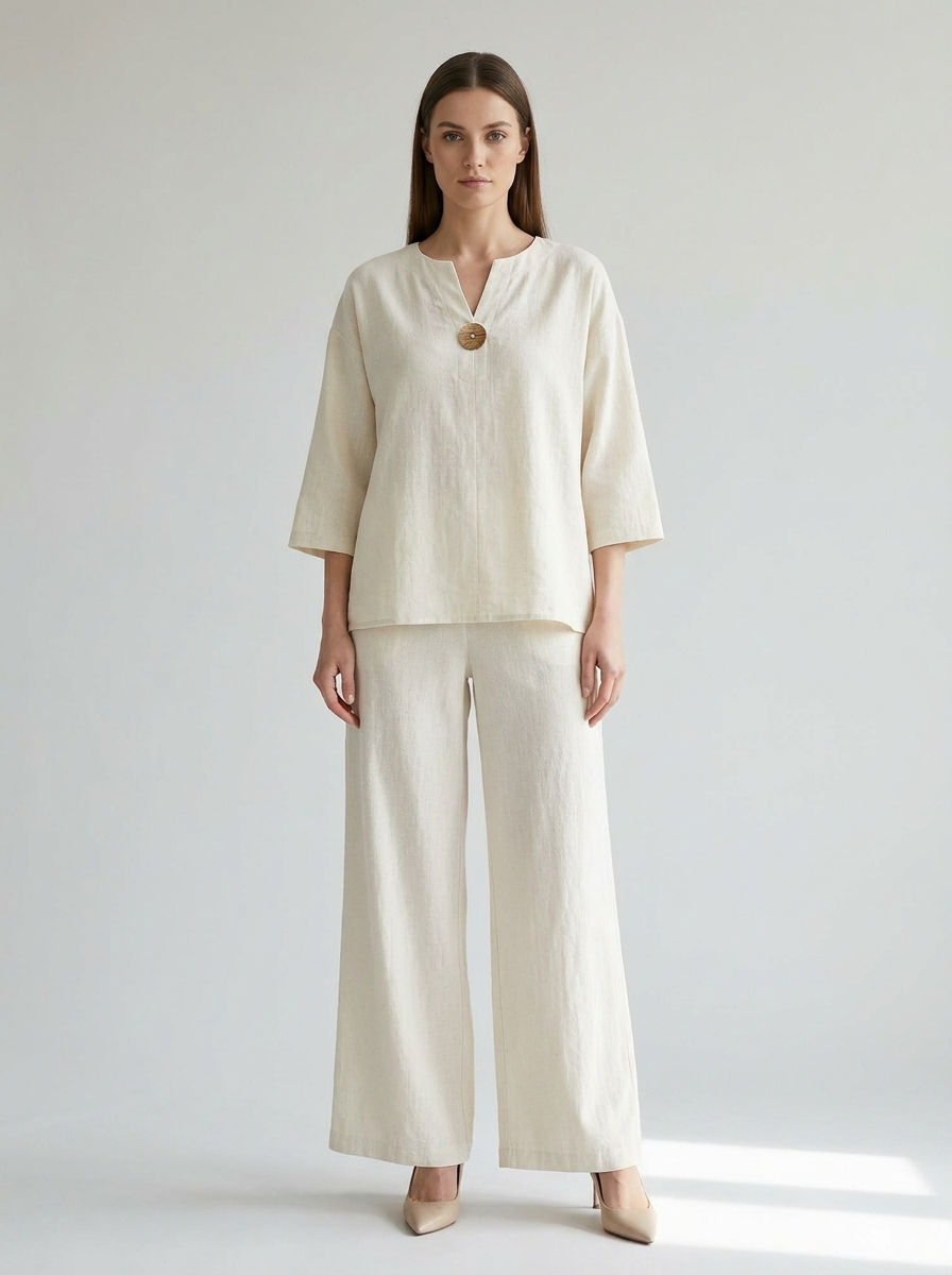 Women's white linen-look tunic and wide-leg trouser co-ord set, front view