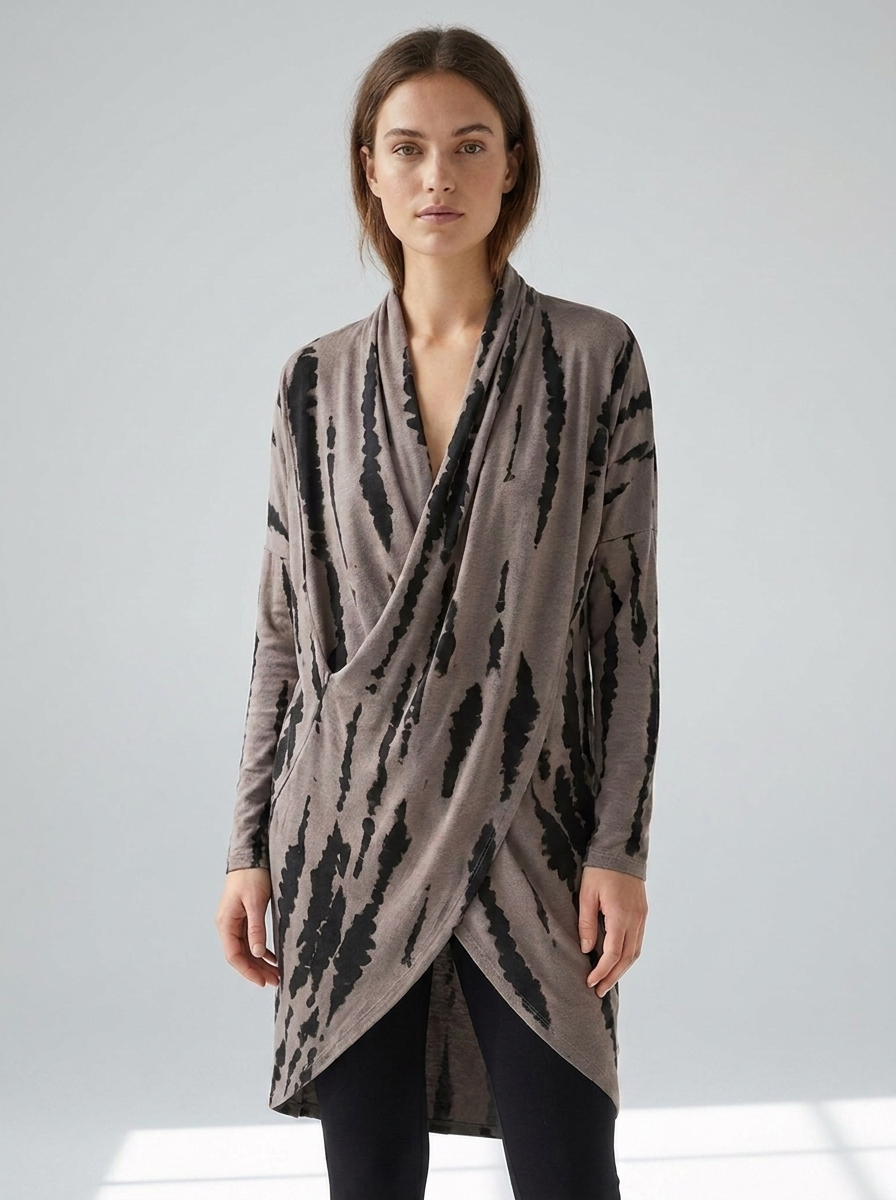 Women's abstract-print wrap tunic, studio full-body view