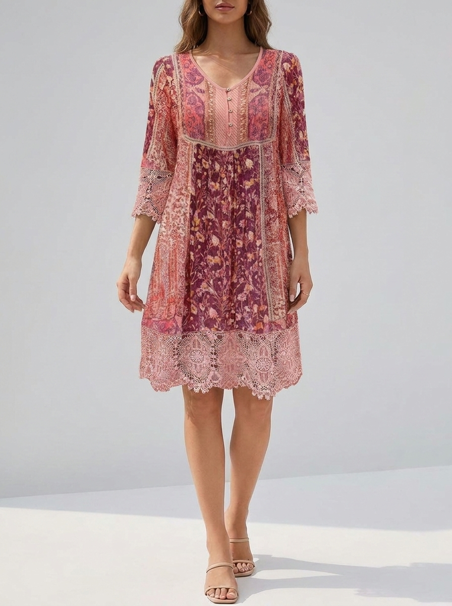 Women's bohemian floral lace-trim tunic mini dress in red burgundy floral, front view