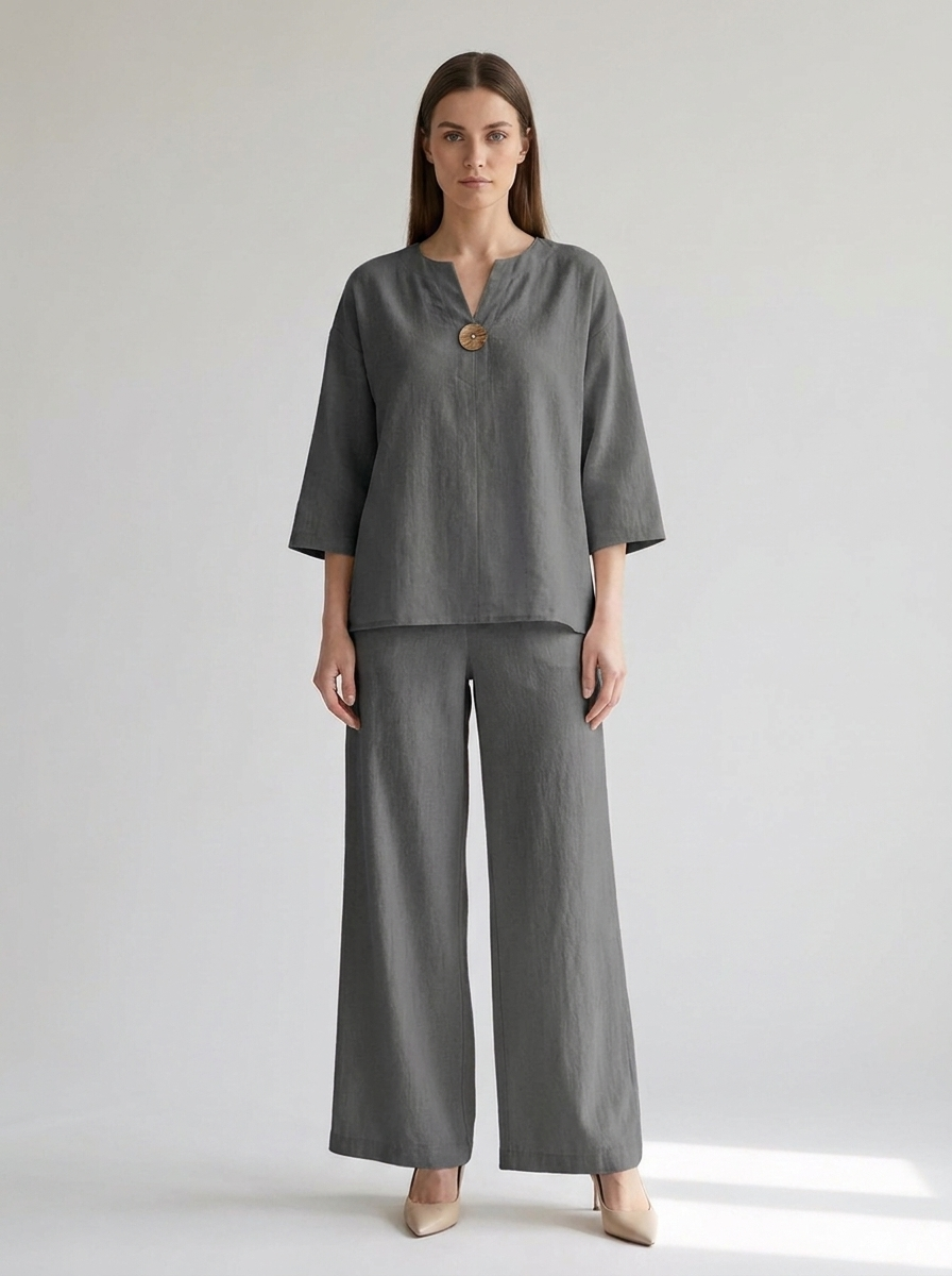 Women's charcoal gray linen-look tunic and wide-leg trouser co-ord set, front view