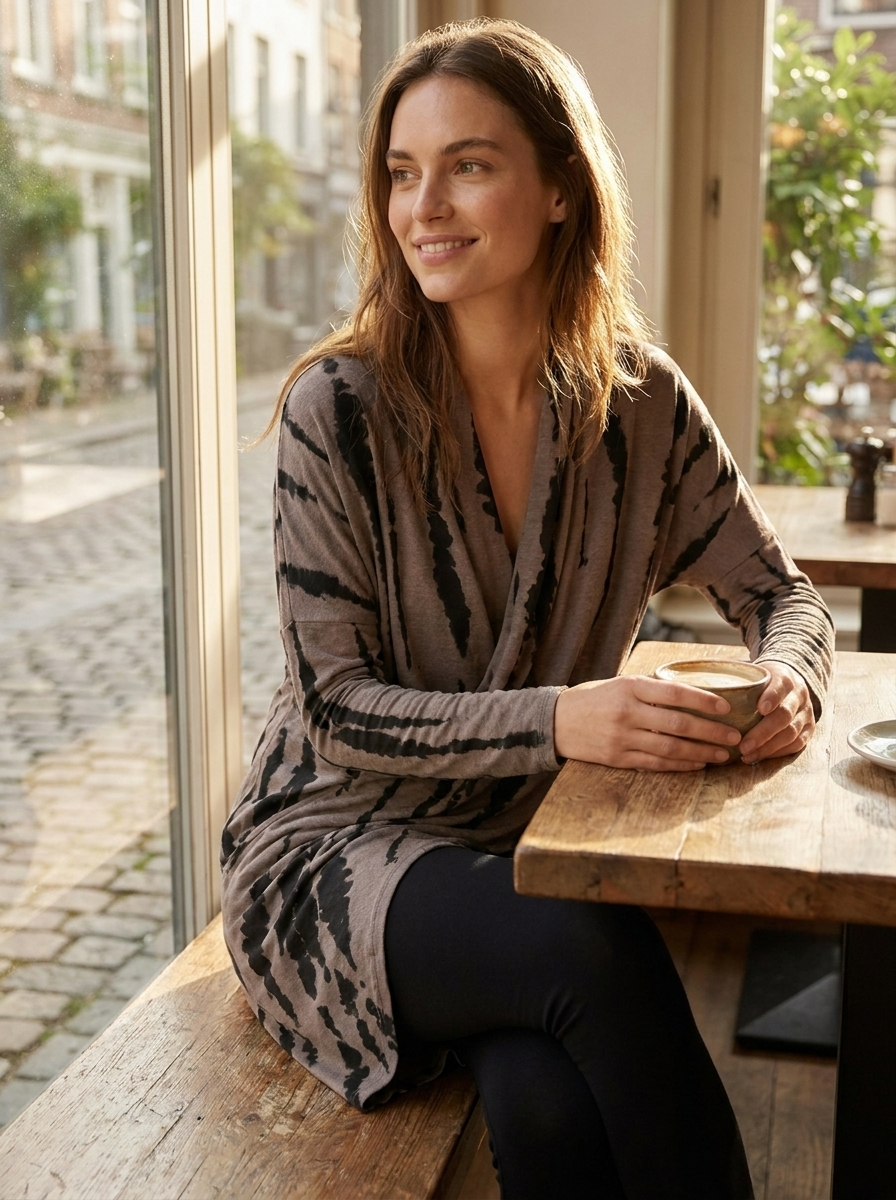 Woman wearing abstract-print wrap tunic seated at a sunlit cafe