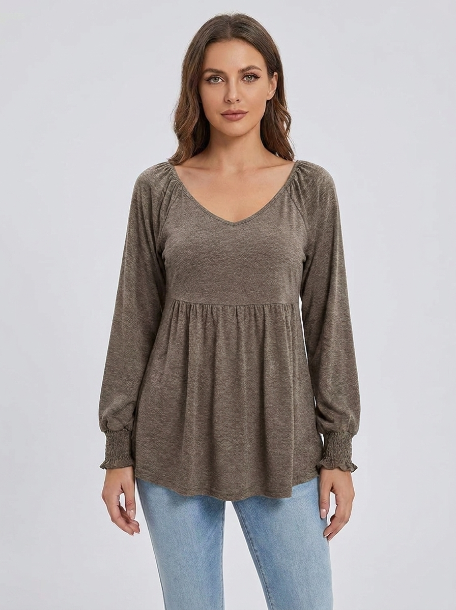 Women's khaki taupe babydoll V-neck long-sleeve smocked-cuff tunic, front studio view