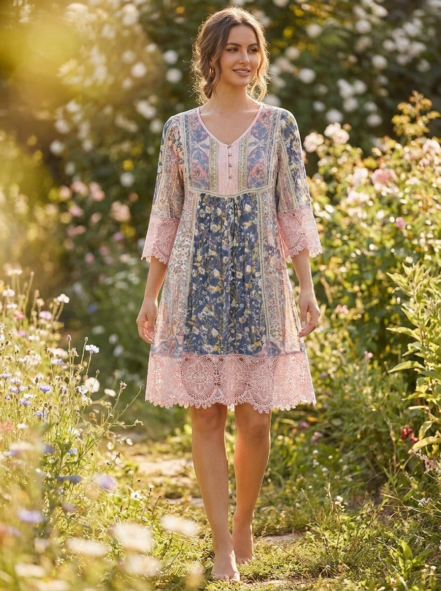 Woman wearing pink bohemian floral lace-trim tunic mini dress in a summer garden