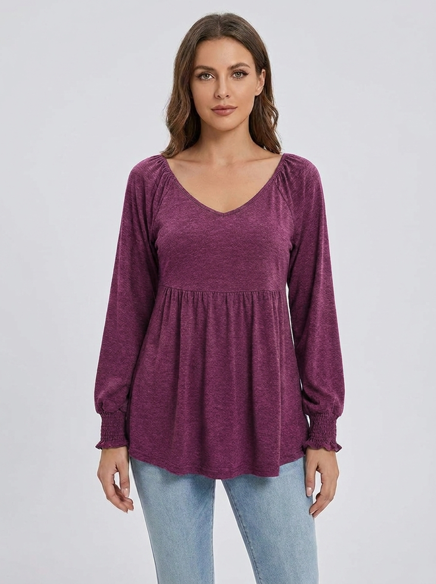 Women's wine plum babydoll V-neck long-sleeve smocked-cuff tunic, front studio view