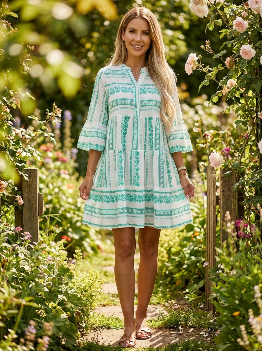Aveline green boho tiered floral mini dress lifestyle in a summer garden
