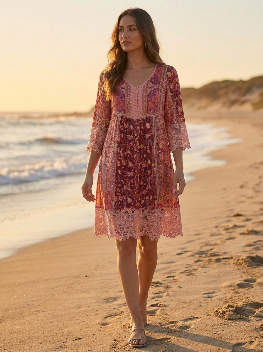 Woman wearing red bohemian floral lace-trim tunic mini dress on a coastline at golden hour