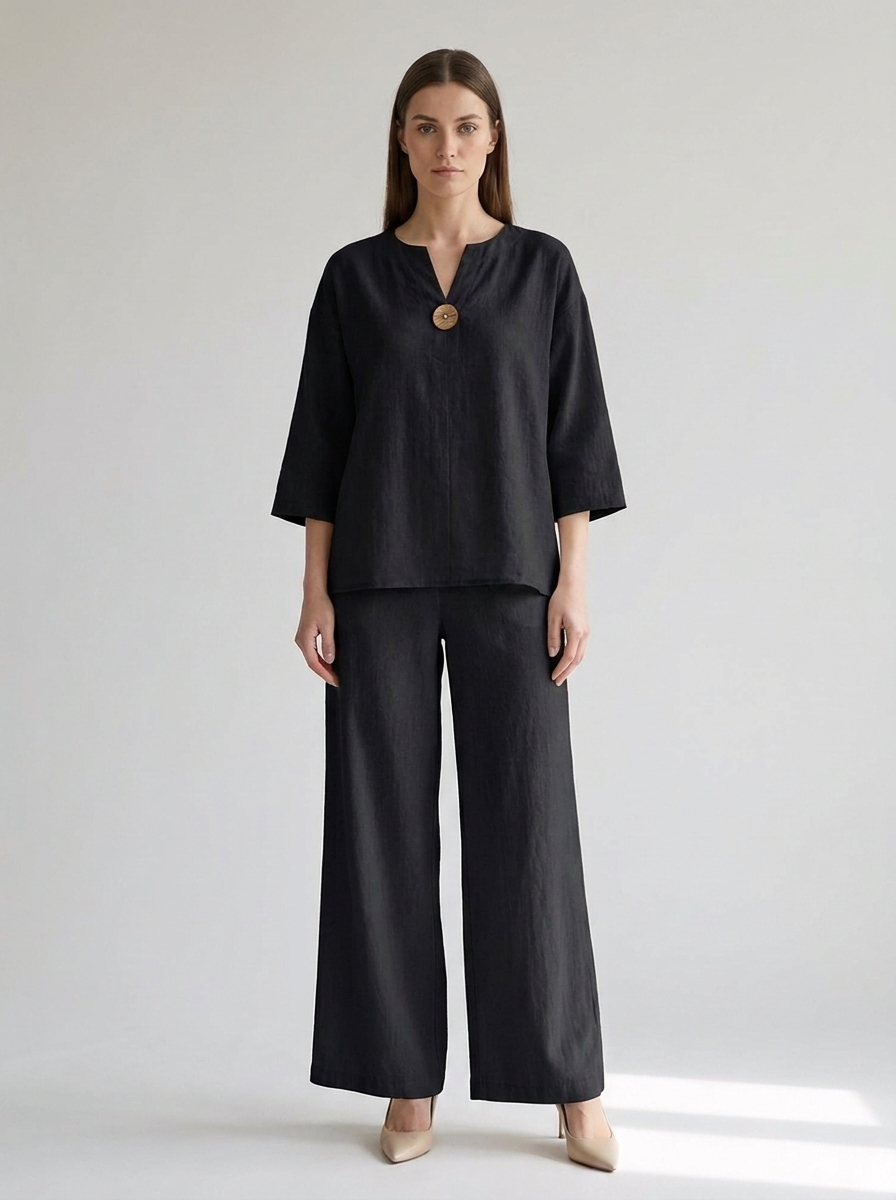 Women's black linen-look tunic and wide-leg trouser co-ord set, front view
