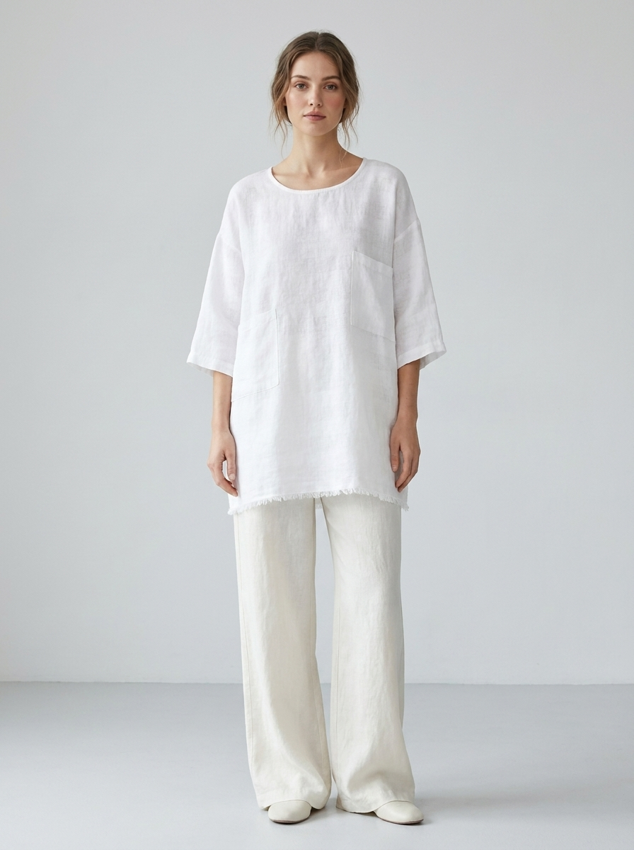 Woman wearing white oversized relaxed-fit linen patch-pocket tunic