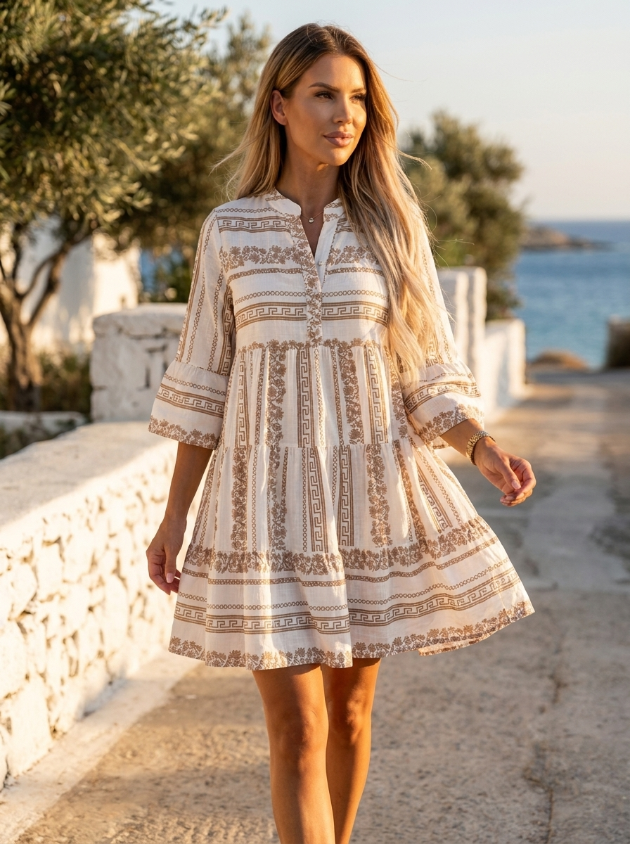 Aveline beige boho tiered floral mini dress lifestyle on a golden-hour coastal path