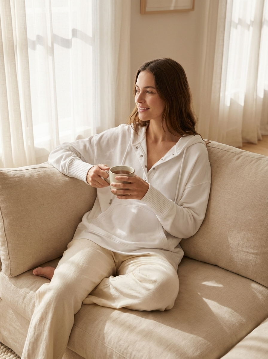 Woman relaxing on a sofa in a white hooded drawstring tunic loungewear