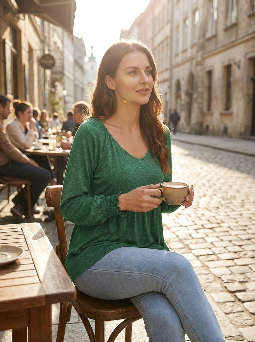Woman wearing green babydoll tunic at a sunlit European cafe