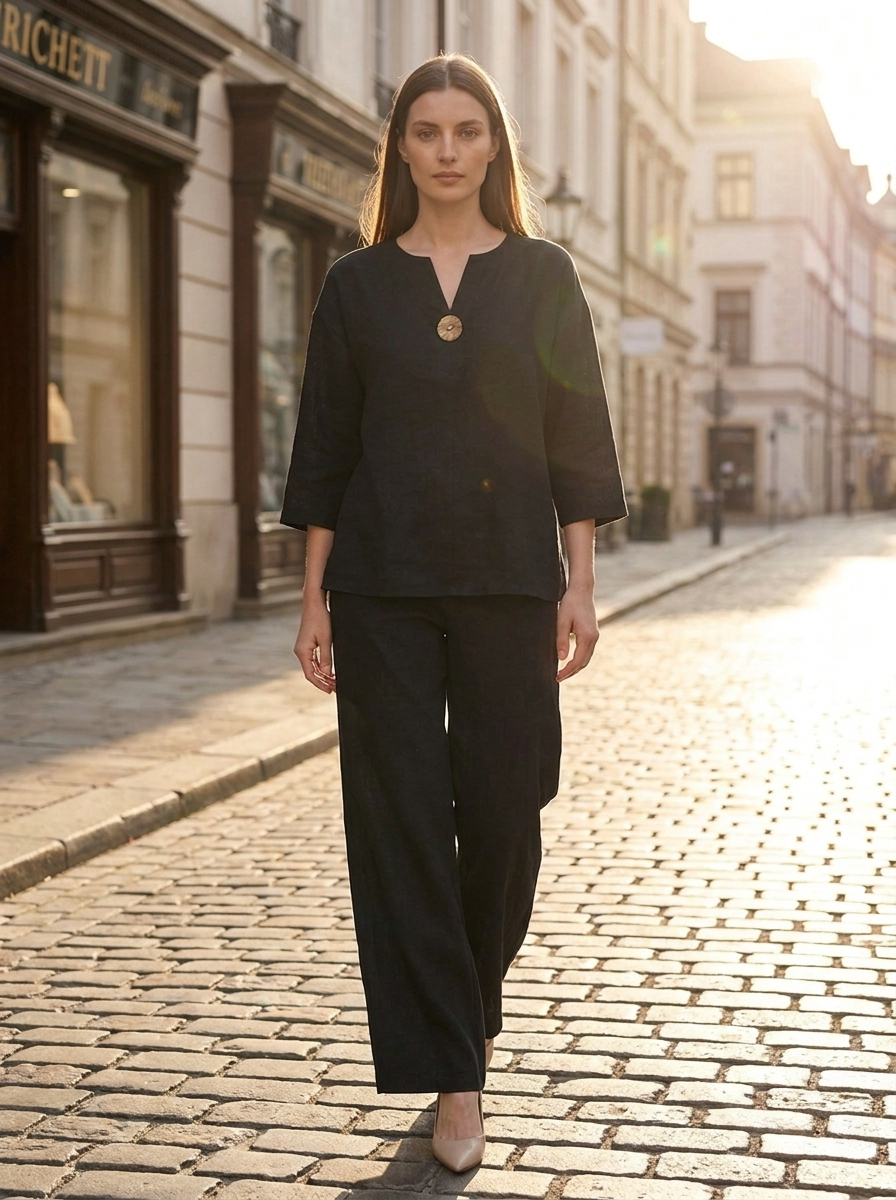 Woman in black linen tunic co-ord set walking a golden-hour city street