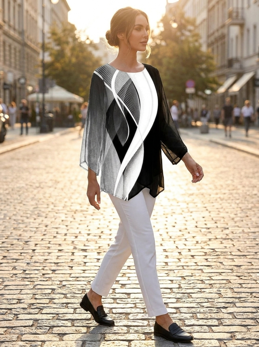 Woman walking a city street at golden hour in a geometric print tunic top, white trousers and loafers