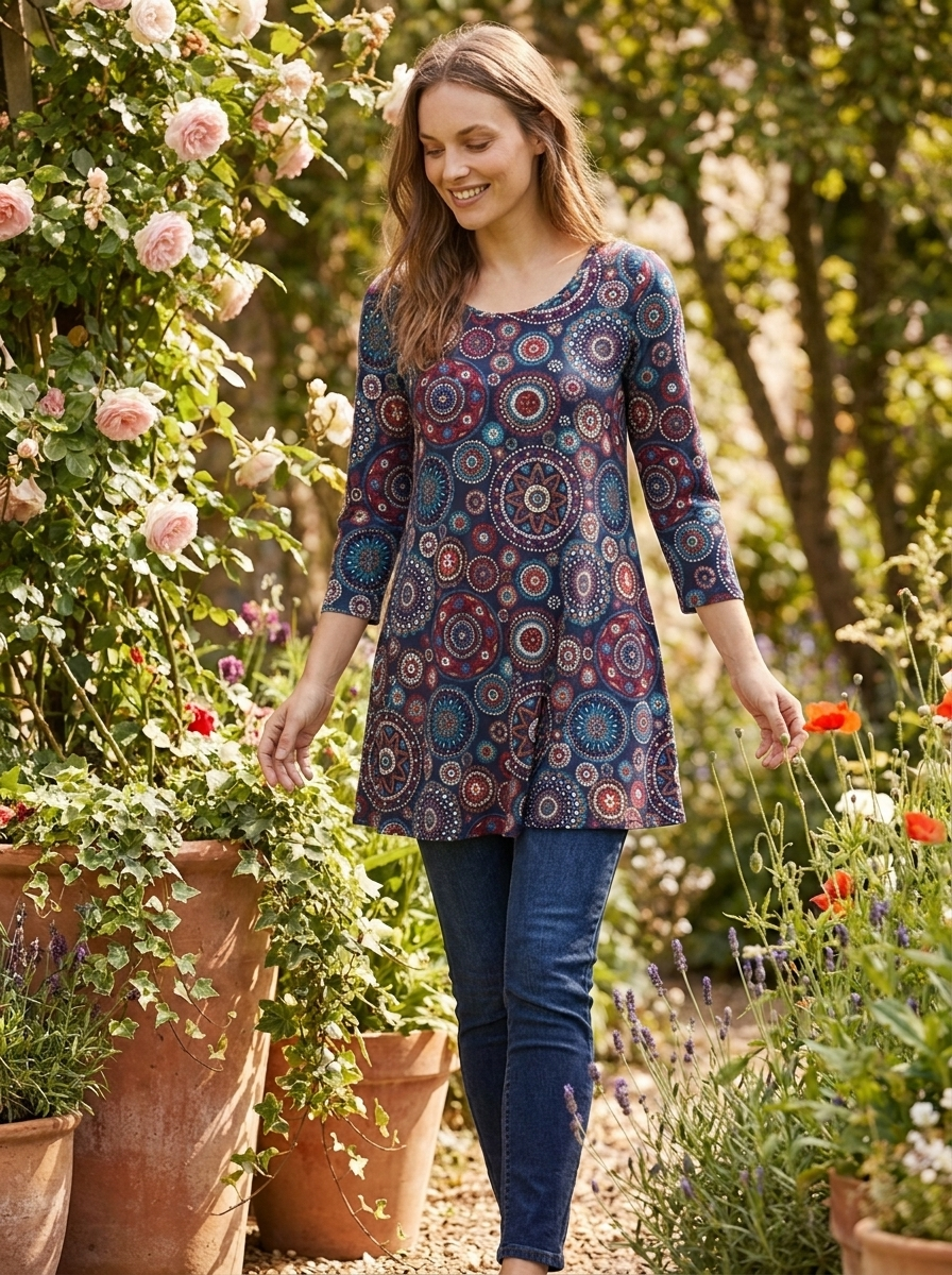Woman wearing mandala boho tunic with jeans in a summer garden