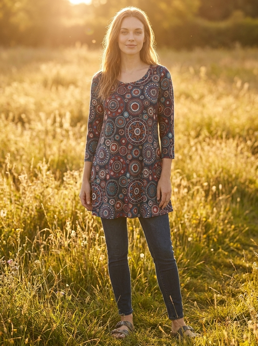 Woman in mandala tunic and jeans at golden hour in a meadow