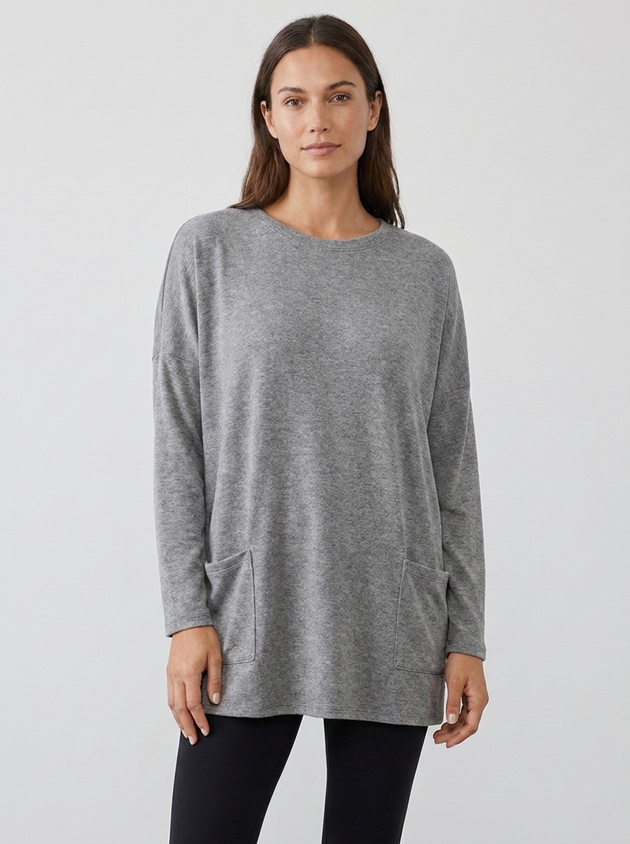 Women's oversized long-sleeve pocket tunic top in grey, front view