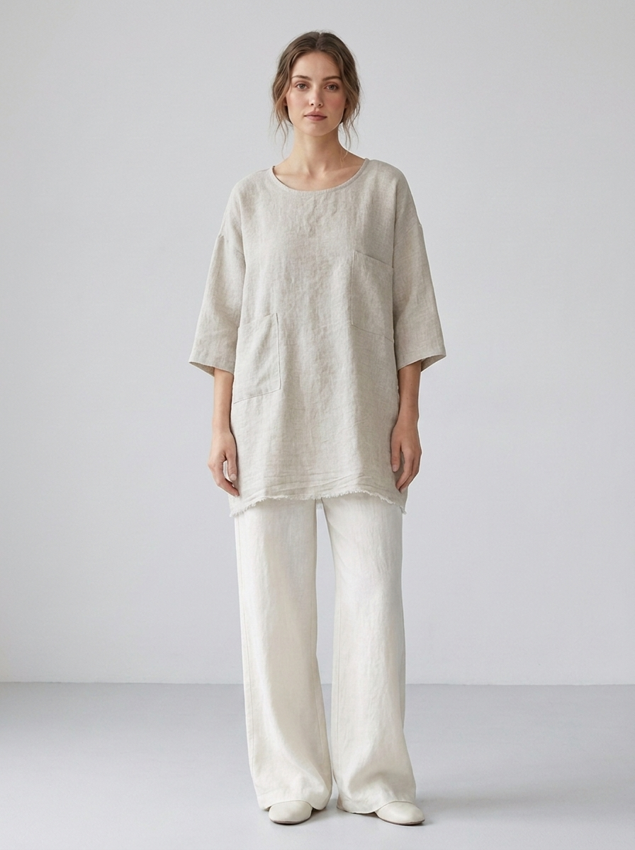 Woman wearing natural oatmeal linen oversized patch-pocket tunic