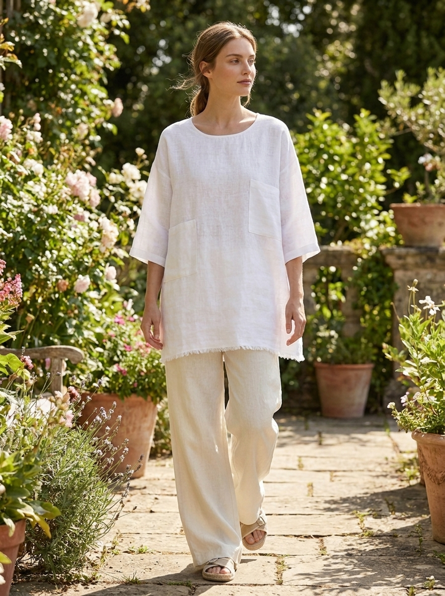 Woman in white linen tunic strolling a sunlit summer garden