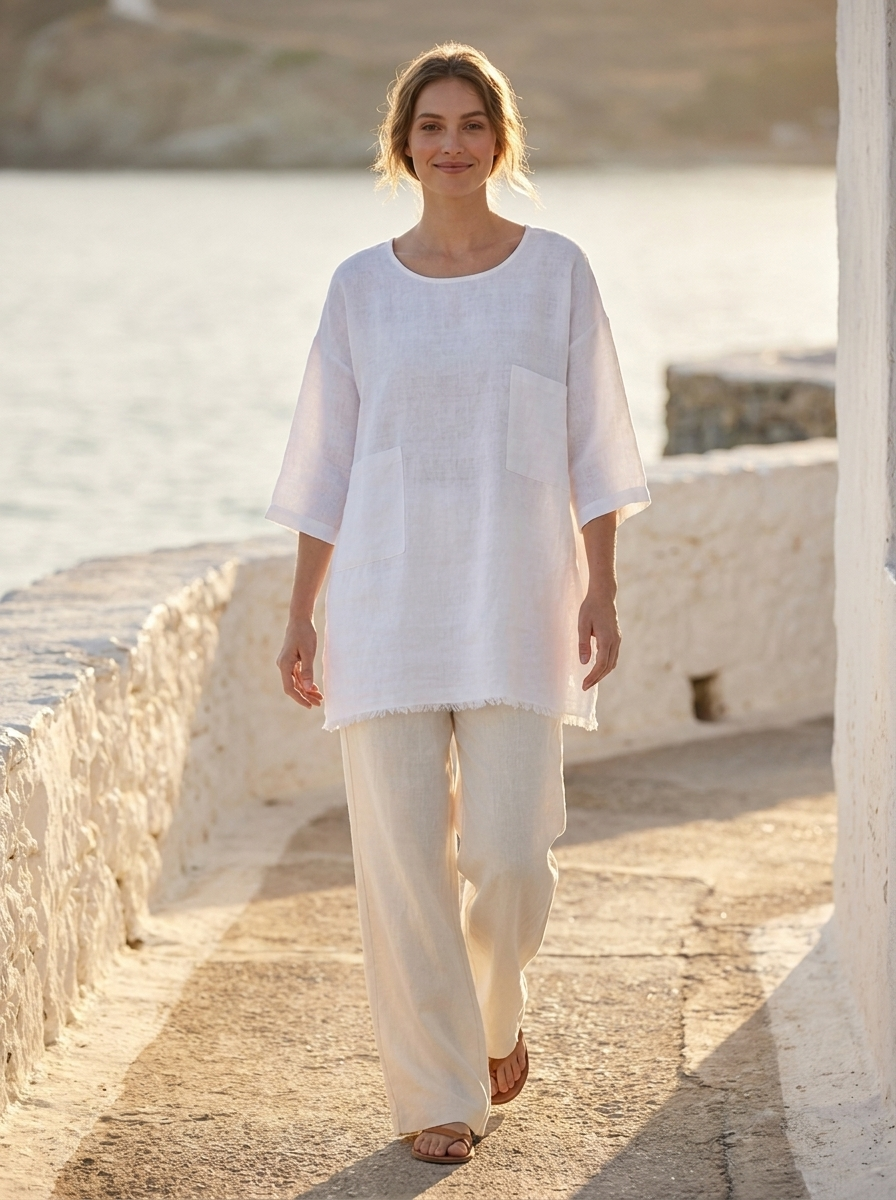 Woman in white linen tunic on a coastal path at golden hour