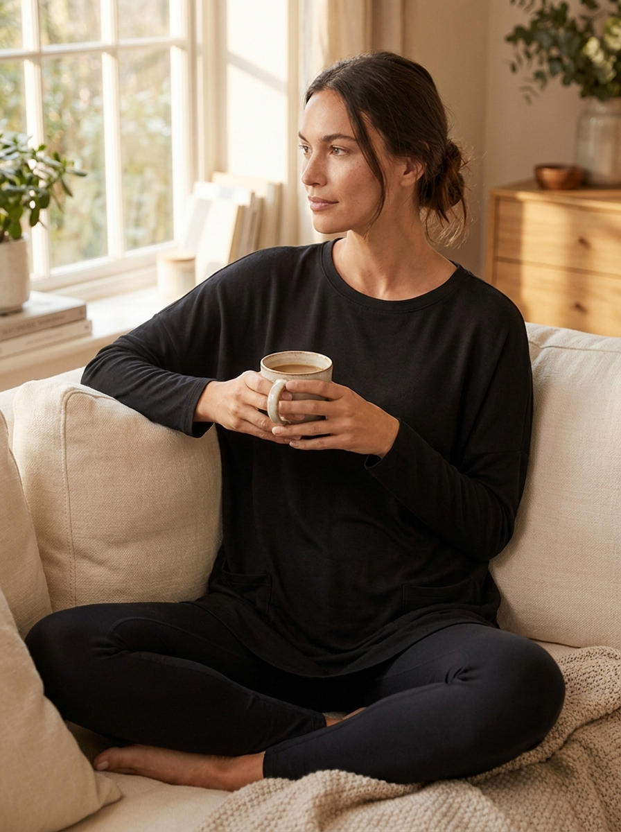 Woman relaxing at home in a black oversized pocket tunic top over leggings