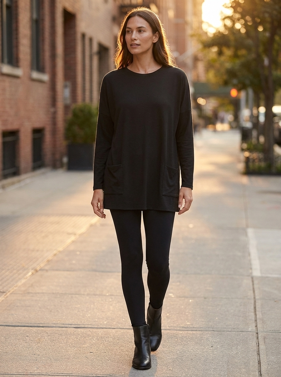 Woman walking outdoors at golden hour in a black oversized pocket tunic top with leggings and ankle boots
