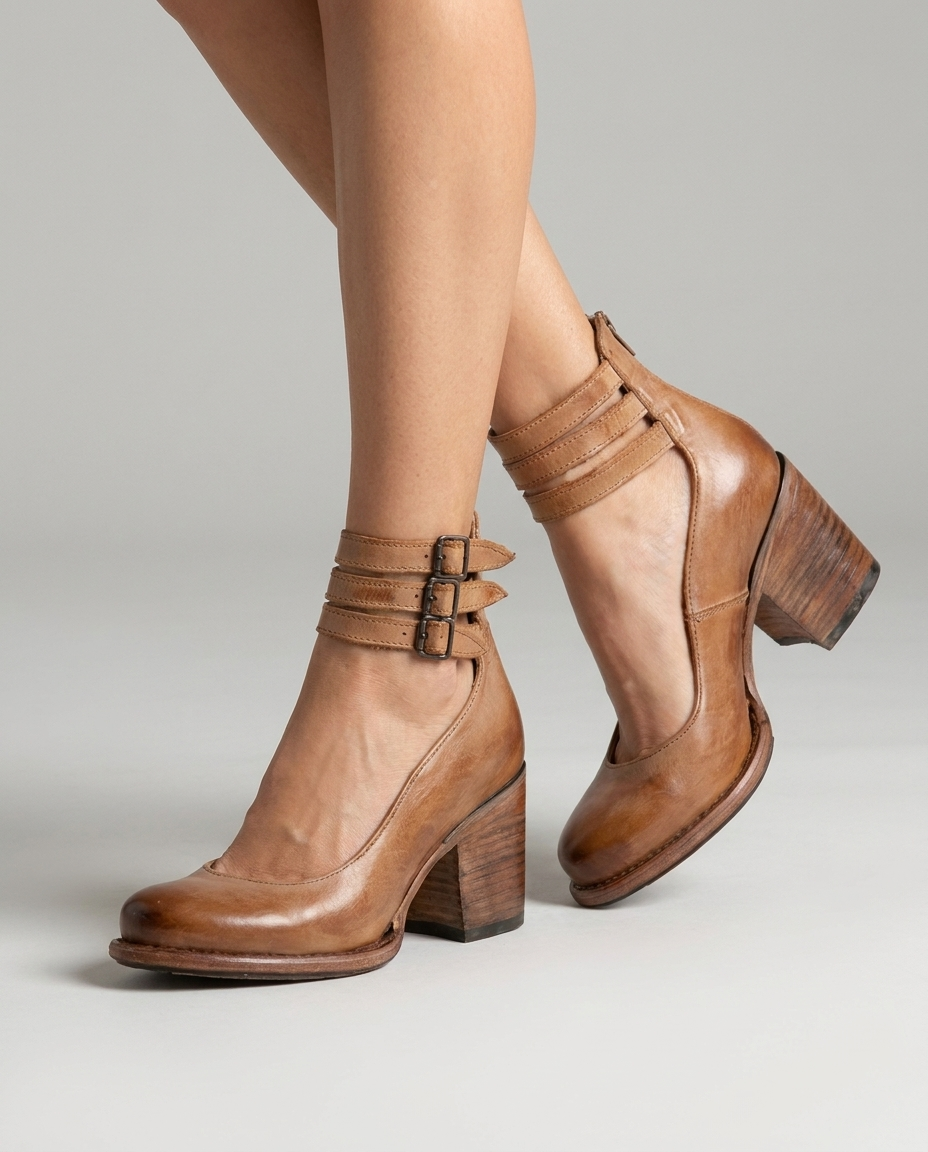 Light Brown closed toe block heel pumps with triple ankle straps