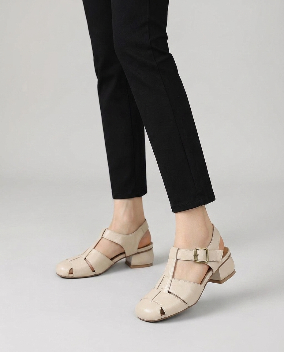 Women's caged leather closed toe block heel slingbacks in beige, on-foot editorial studio