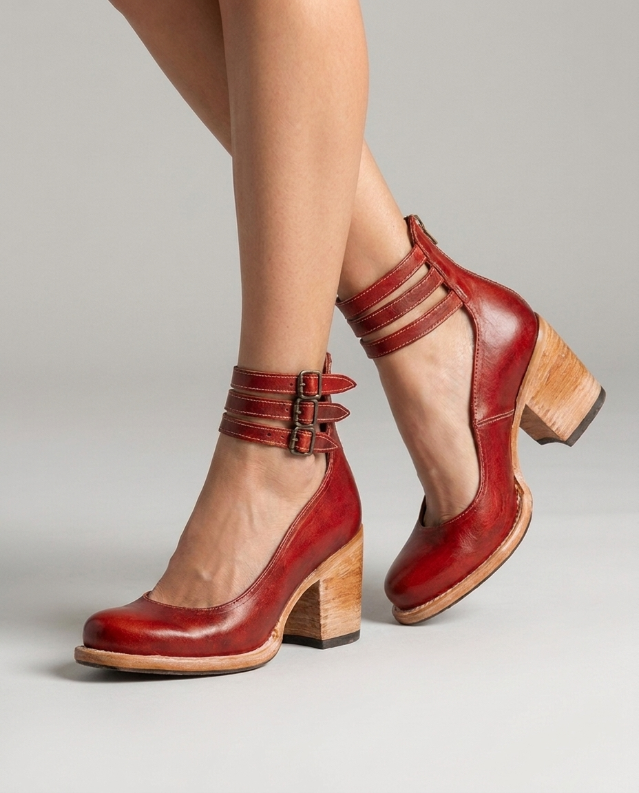 Red closed toe block heel pumps with triple ankle straps