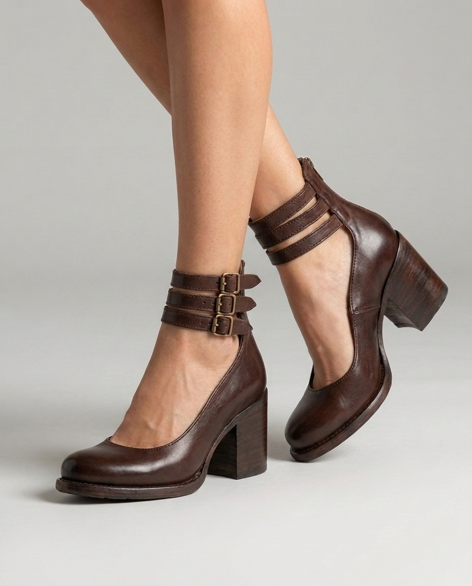 Dark Brown closed toe block heel pumps with triple ankle straps