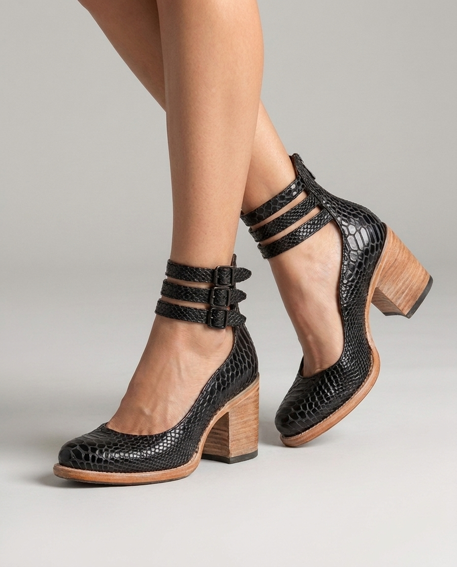 Black Snake closed toe block heel pumps with triple ankle straps