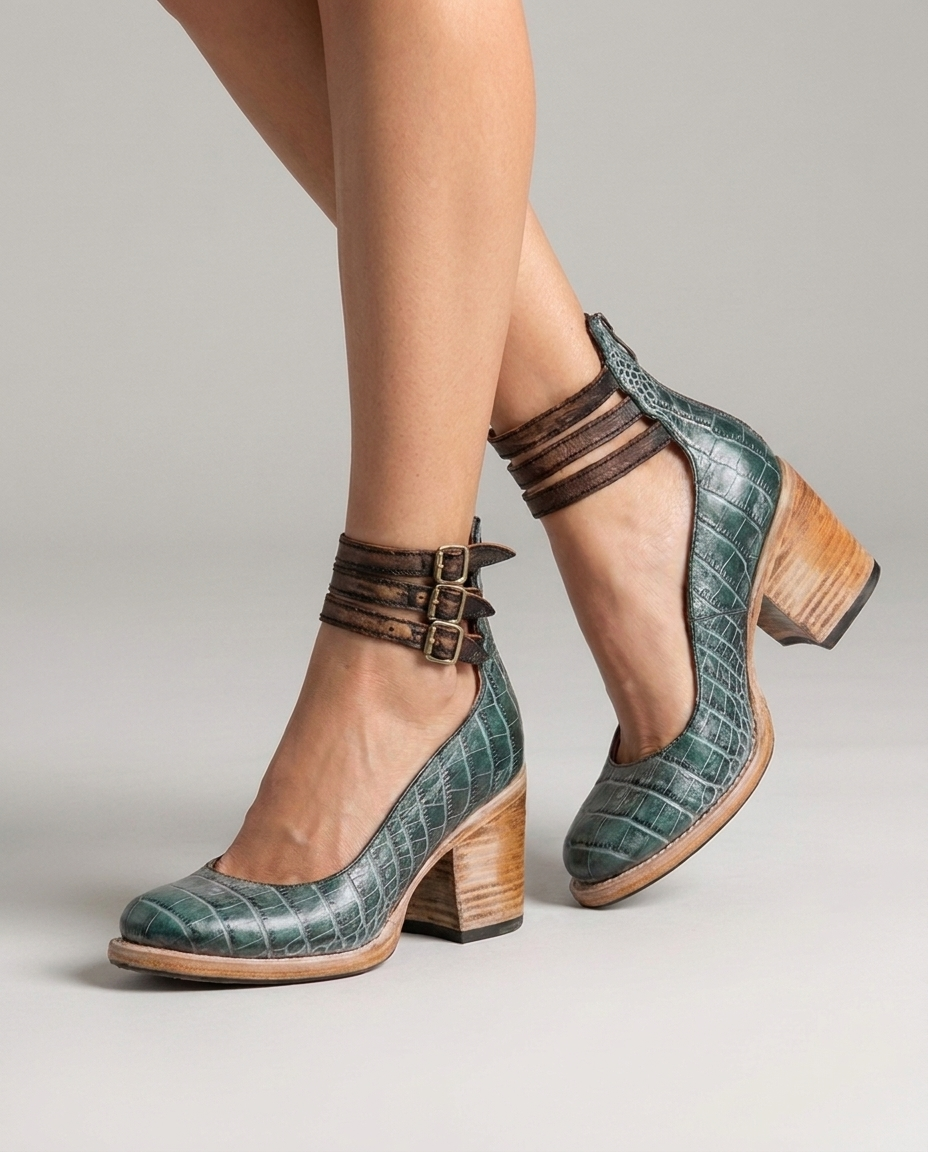 Green Snake closed toe block heel pumps with triple ankle straps