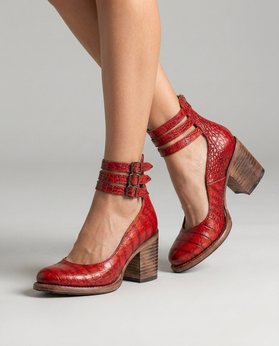 Red Snake closed toe block heel pumps with triple ankle straps