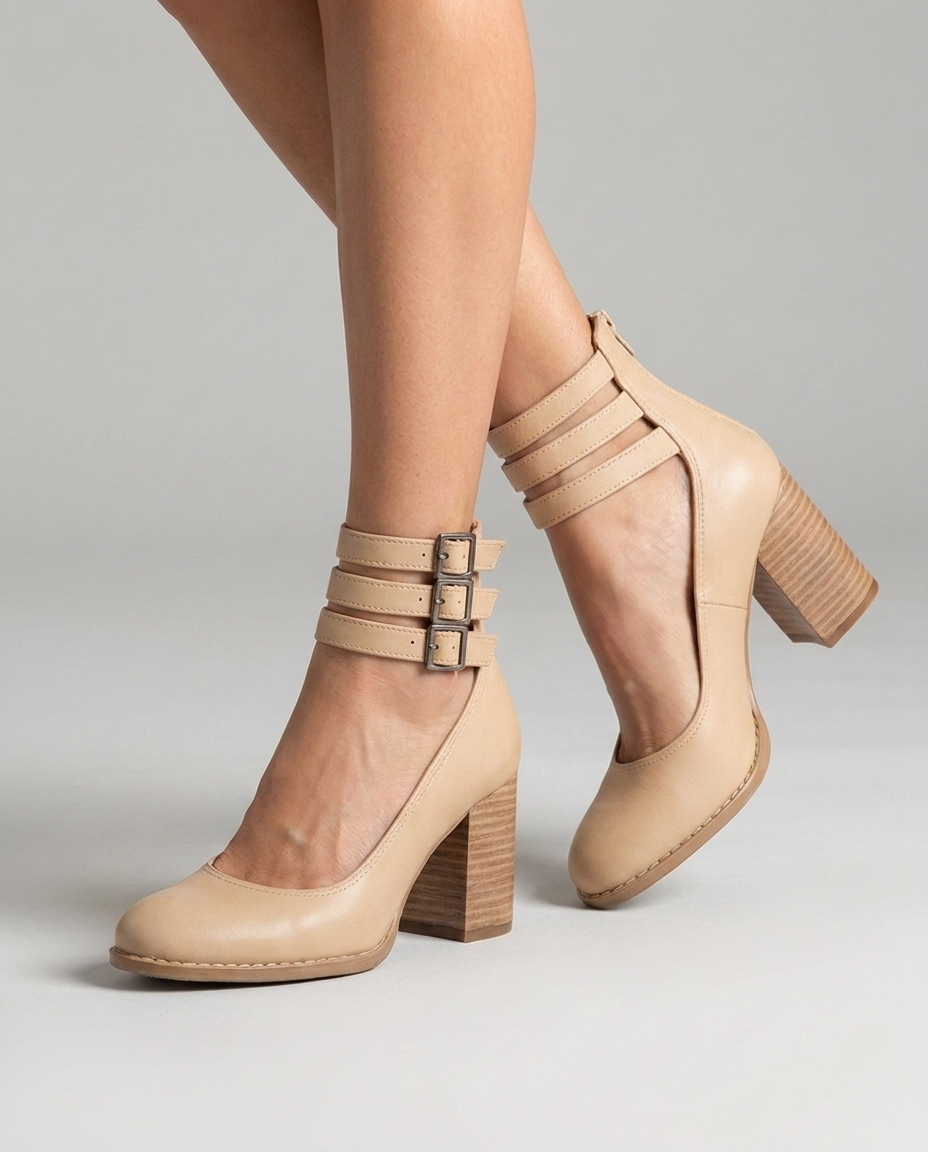 Cream closed toe block heel pumps with triple ankle straps