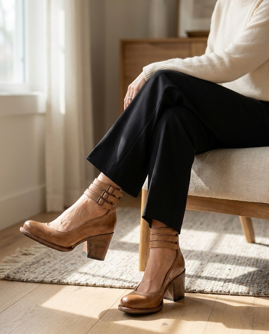 Woman in wide-leg trousers wearing tan block heel pumps, seated lifestyle