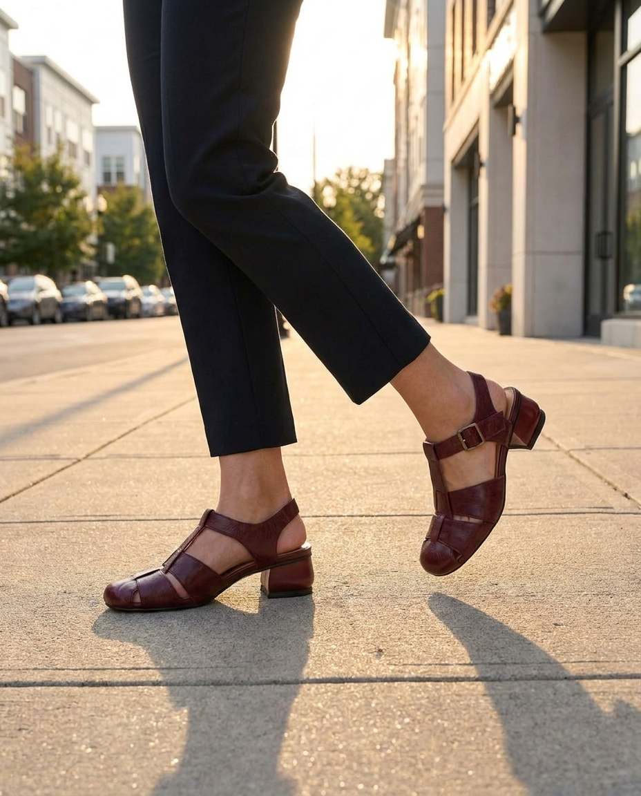 Woman walking a sunlit street in wine caged block heel slingbacks, golden hour lifestyle