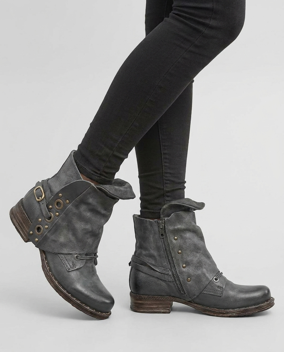 Gray women's motorcycle ankle boots on-foot studio
