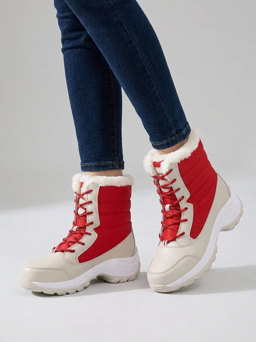 Ghislaine women's red fur-lined waterproof snow boots on foot