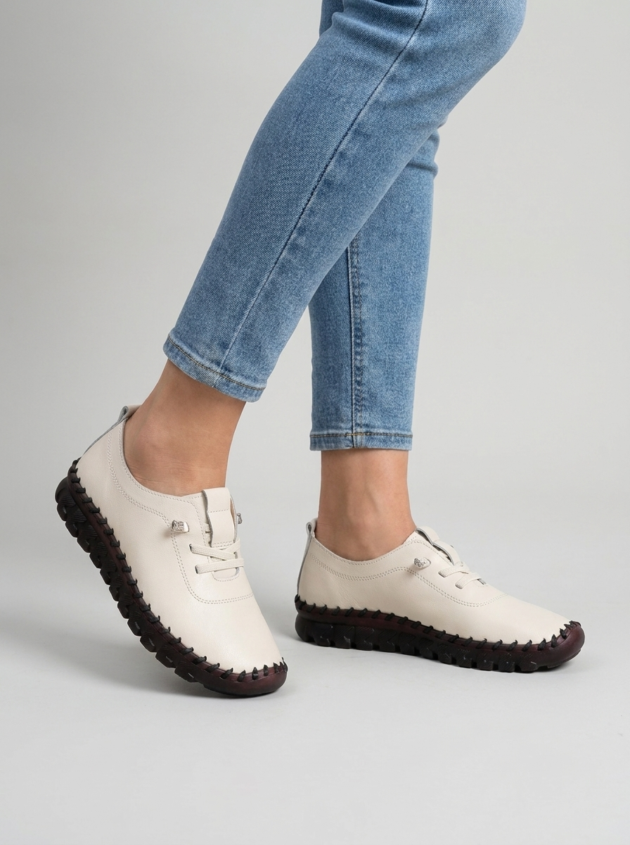 Women's milk white hand-stitched leather slip-on casual sneakers, studio