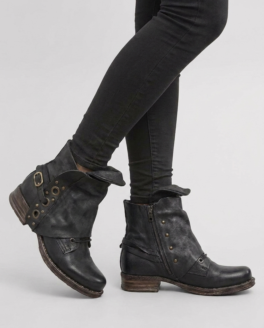 Black women's motorcycle ankle boots on-foot studio