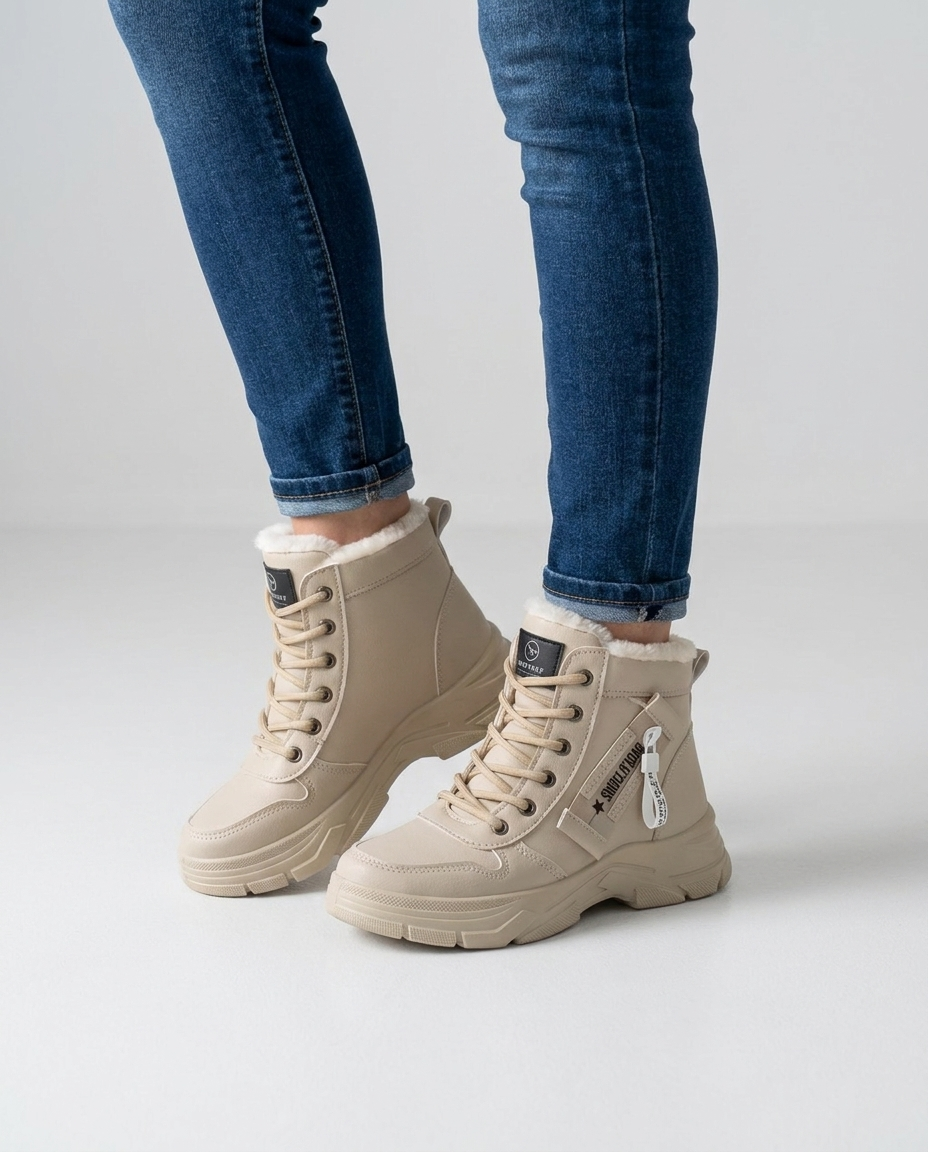 Women's khaki fur-lined lace-up winter boots on foot with chunky non-slip sole
